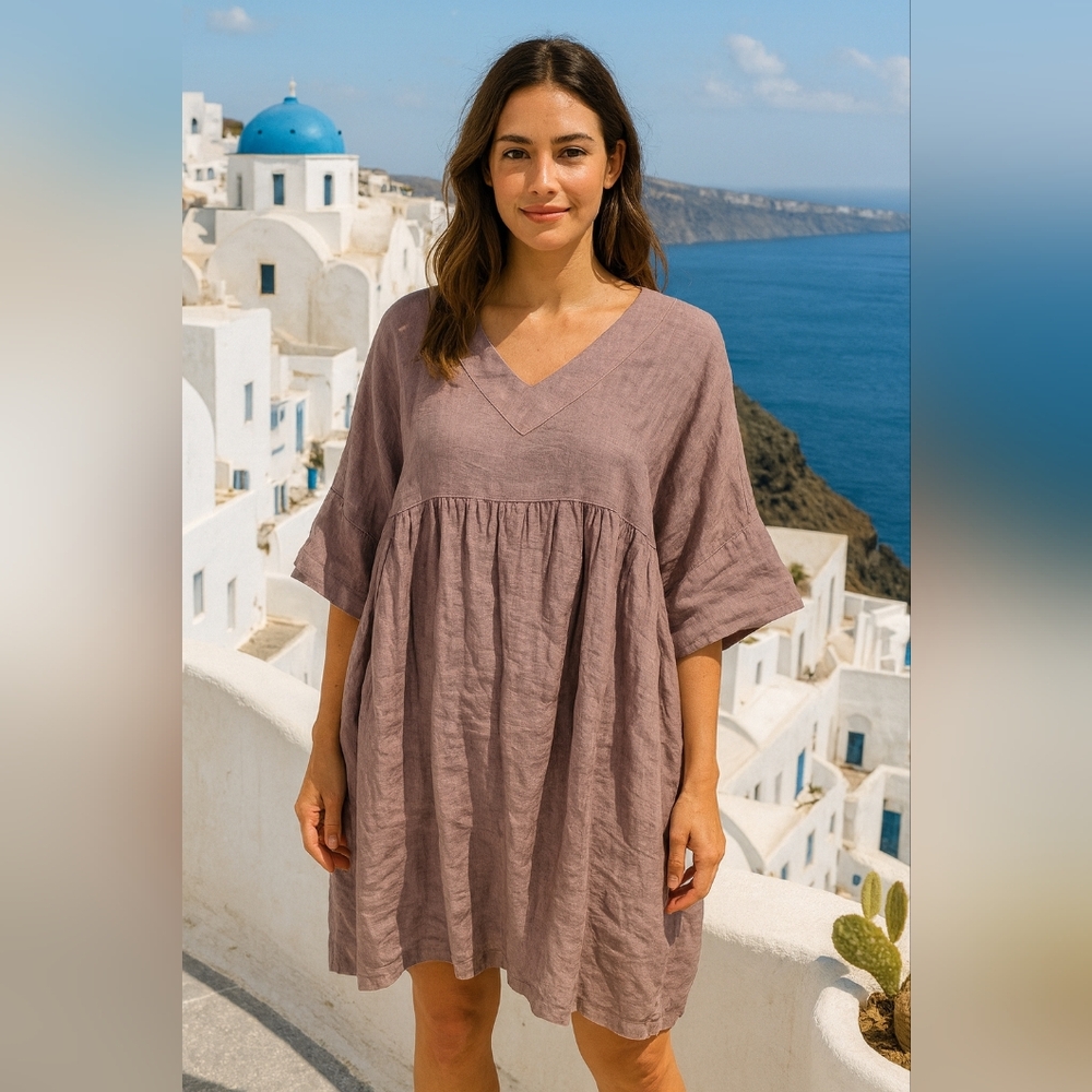 Tuti + Lilli 100% Linen V- Neck Loose Fit Dress in Mauve Sz OS #2048